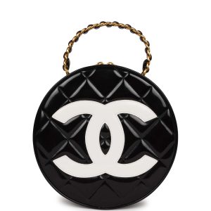 Vintage Chanel Round Vanity Bag Black and White Patent Leather Antique Gold Hardware